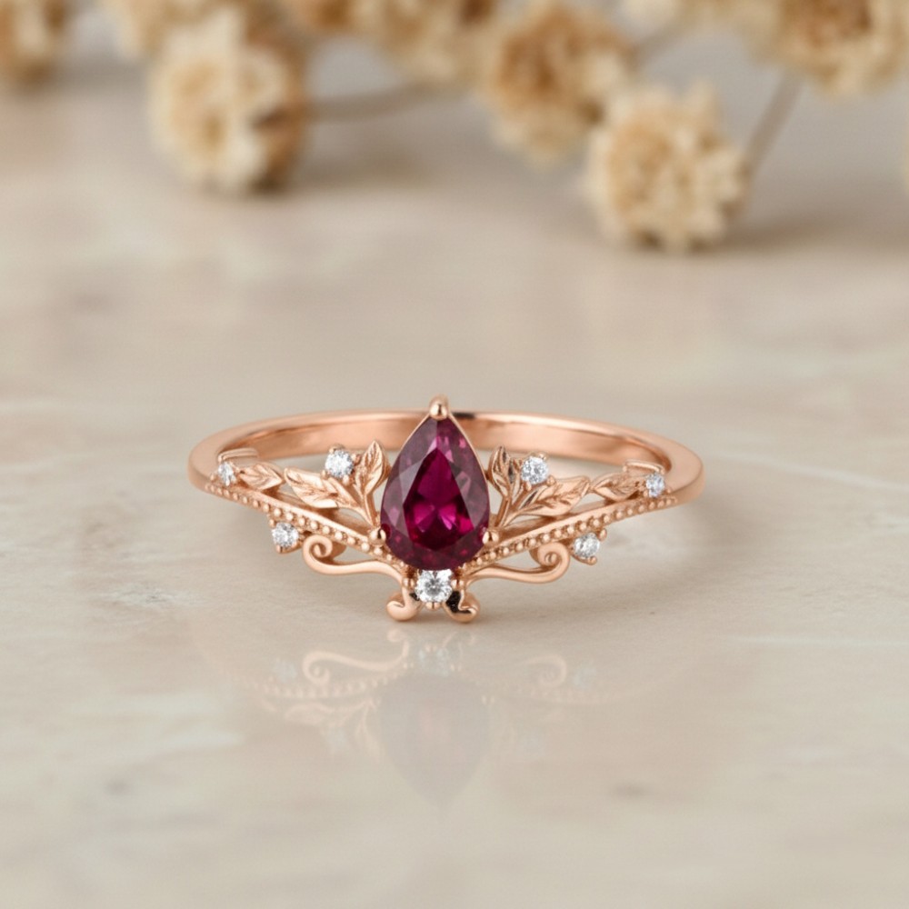 Rose Gold Yakut Pırlanta Vintage Taç Yüzük MY4001