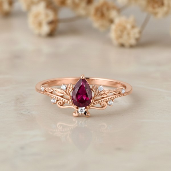 Rose Gold Yakut Pırlanta Vintage Taç Yüzük MY4001