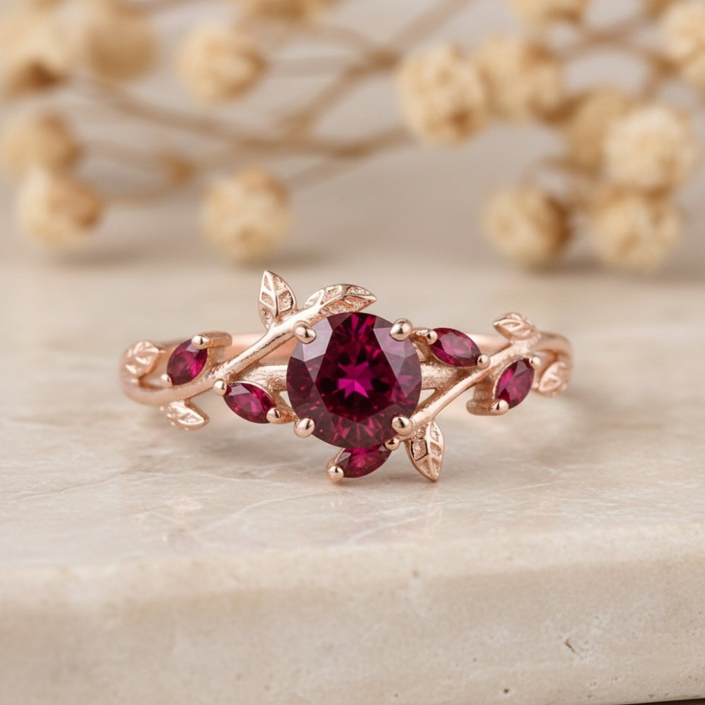 Doğal Yakut Taşlı Yaprak Tasarım Altın Yüzük 