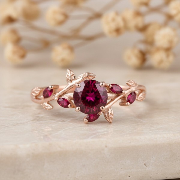 Doğal Yakut Taşlı Yaprak Tasarım Altın Yüzük MY3952