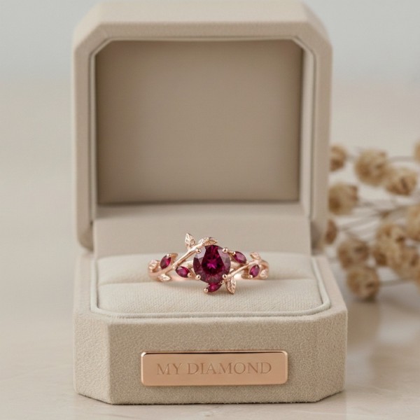 Doğal Yakut Taşlı Yaprak Tasarım Altın Yüzük MY3952