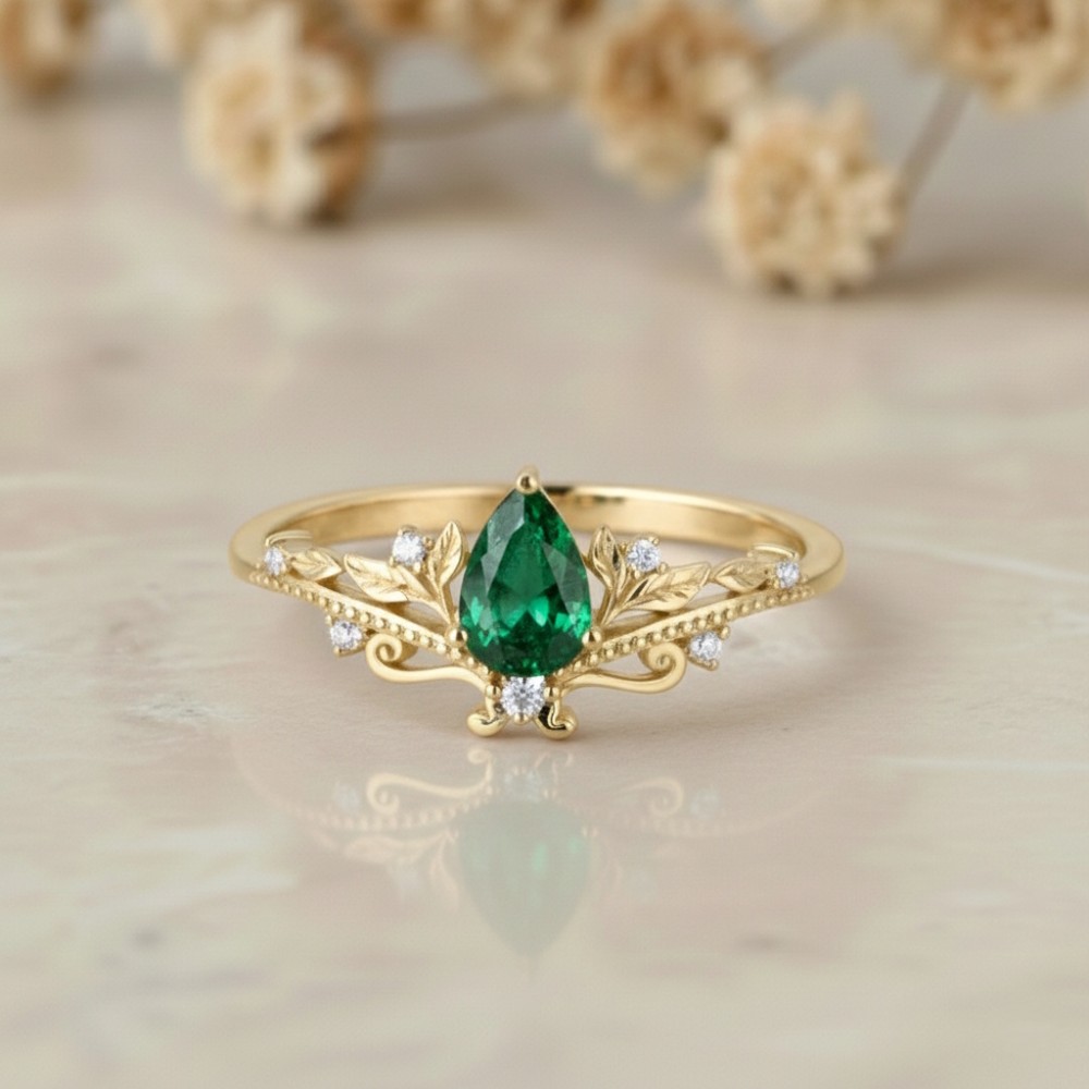Gerçek Damla Zümrüt Taşlı Pırlanta Yüzük MY4003
