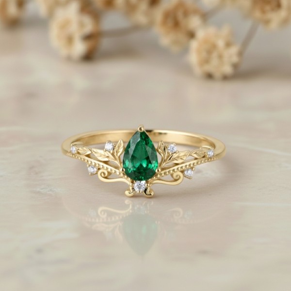 Gerçek Damla Zümrüt Taşlı Pırlanta Yüzük MY4003