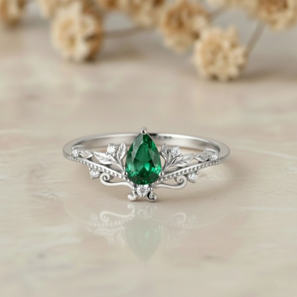 Gerçek Damla Zümrüt Taşlı Pırlanta Yüzük MY4003