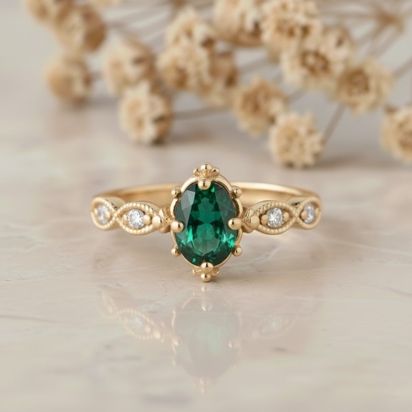 Gerçek Zümrüt Ve Pırlanta Vintage Tasarım Yüzük MY3951