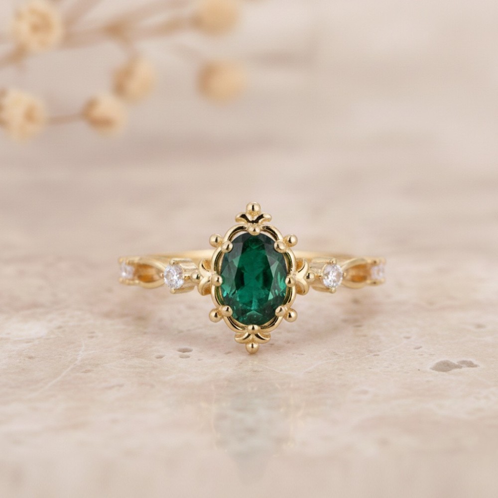 Hakiki Zümrüt Ve Pırlanta Taşlı Vintage Yüzük