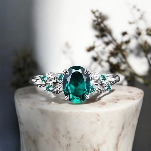 Oval Zümrüt Taşlı Yaprak Tasarım Vintage Yüzük MY2477