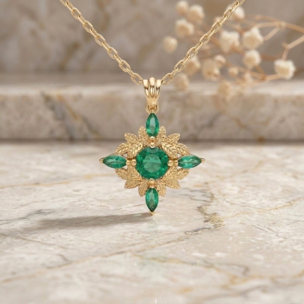Vintage Yaprak Tasarım Zümrüt Kolye Modelleri