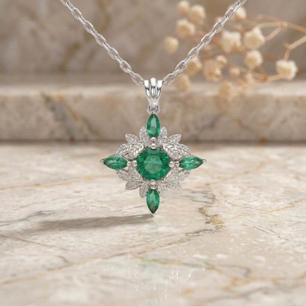 Vintage Yaprak Tasarım Zümrüt Kolye Modelleri MYZK10