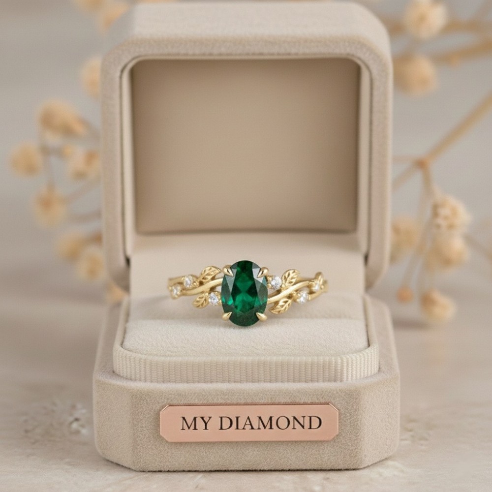 Yaprak Tasarım Zümrüt Taşlı Pırlanta Yüzük 