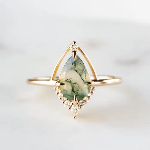 Damla Moss Agate Ve Pırlanta Tasarım Yüzük AD1351