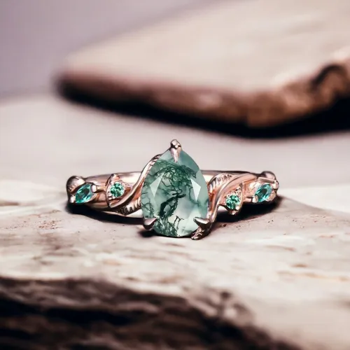 Vintage Yüzük Moss Agate Ve Zümrüt Taşlı MY2065