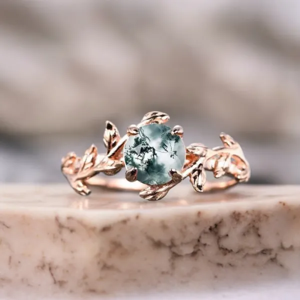 Moss Agate Yaprak Tasarım Altın Yüzük MY2063