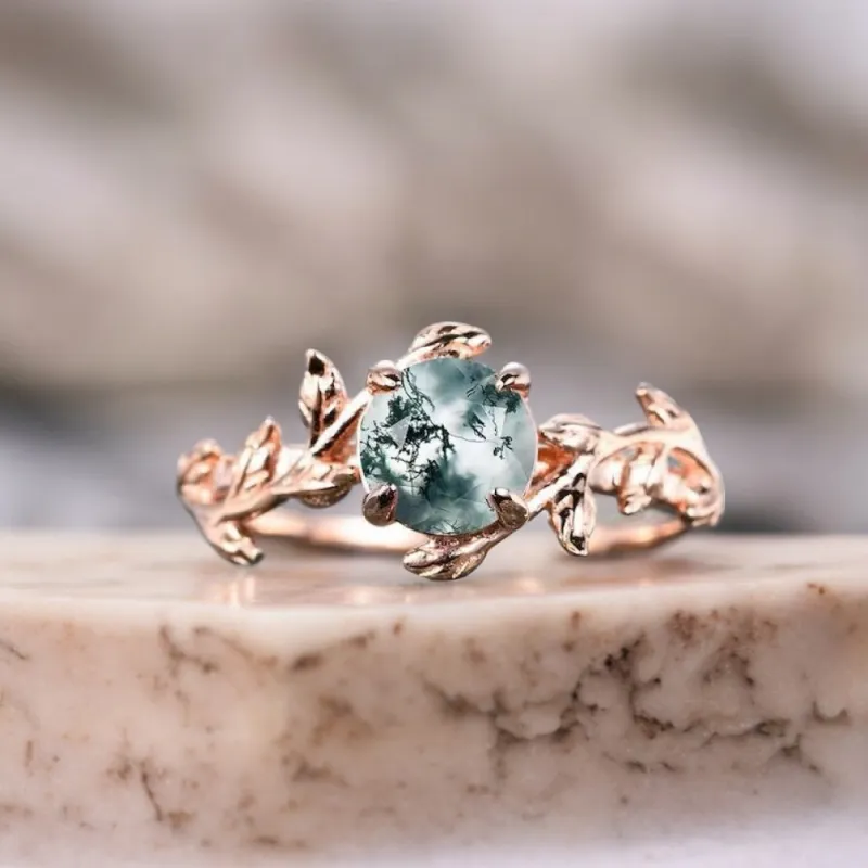Moss Agate Yaprak Tasarım Altın Yüzük MY2063
