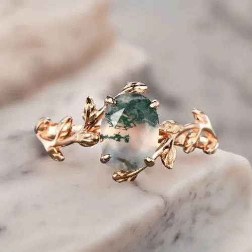 Oval Moss Agate Yapraklı Dallı Yüzük MY2064