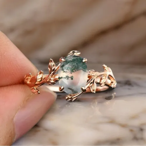 Oval Moss Agate Yapraklı Dallı Yüzük MY2064