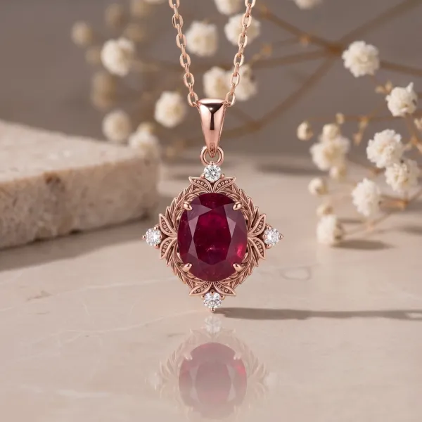 1.00 Carat Yakut Ve Pırlanta Vintage Altın Kolye MYYK16