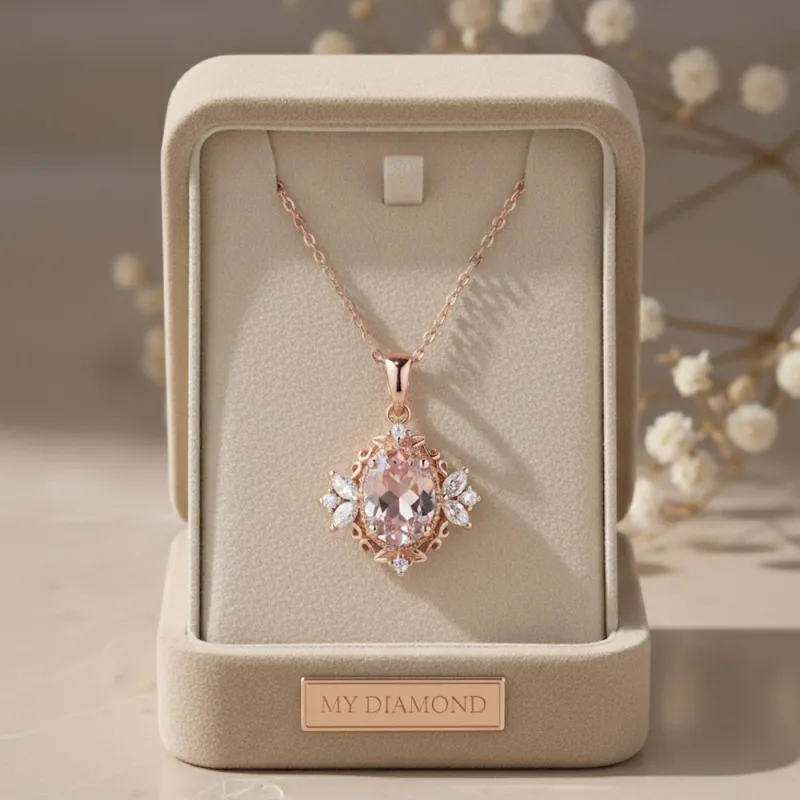 Morganit Ve Pırlanta Vintage Rose Altın Kolye 