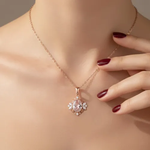 Morganit Ve Pırlanta Vintage Rose Altın Kolye  MYKL229