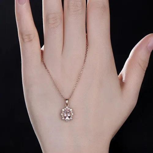Vintage Tasarım Kolye Oval Morganit Ve Pırlanta MYVK16