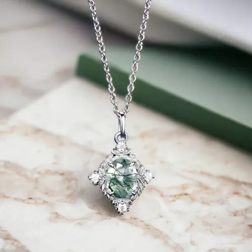 Vintage Altın Kolye Moss Agate Ve Pırlanta MYVK03
