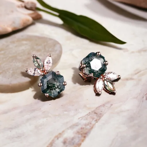 Moss Agate Ve Pırlanta Özel Tasarım Küpe MYKP26