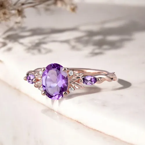 Rose Gold Ametist Ve Pırlantalı Tasarım Yüzük MY2705