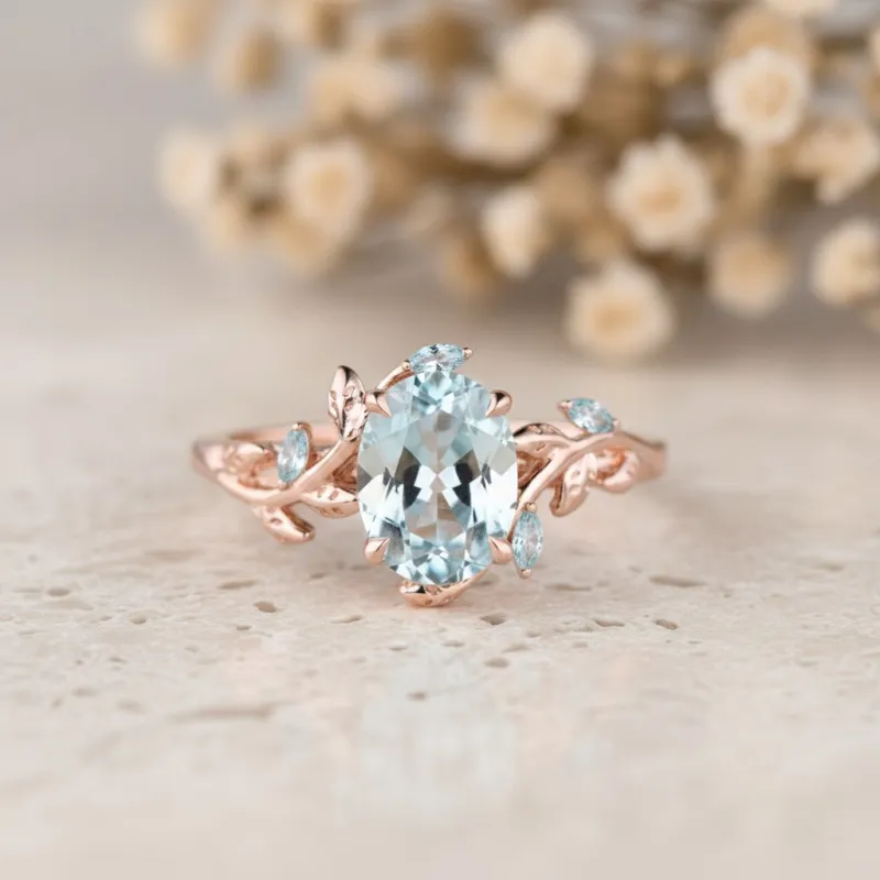 Aquamarine Altın Yapraklı Sarmaşık Yüzük 