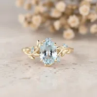 Aquamarine Altın Yapraklı Sarmaşık Yüzük 