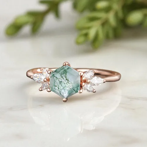 Altıgen Moss Agate Ve Beyaz Topaz Altın Yüzük MA1124