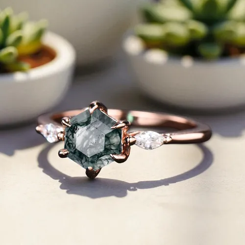 Beyaz Topaz Ve Moss Agate Tektaş Altın Yüzük MA1117