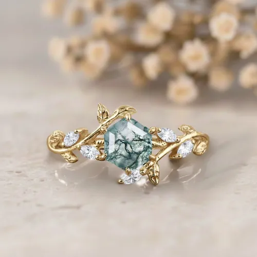 Hexagon Kesim Moss Agate Yaprak Tasarım Yüzük MA1141
