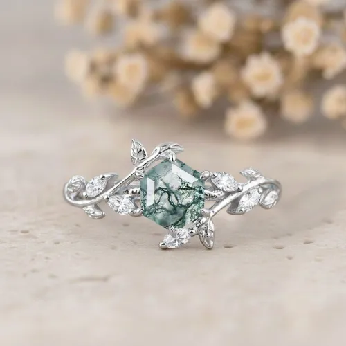 Hexagon Kesim Moss Agate Yaprak Tasarım Yüzük MA1141