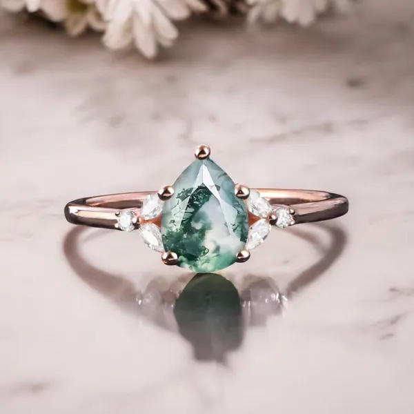 Damla Moss Agate Ve Pırlanta Evlilik Teklifi Yüzükleri MA1135