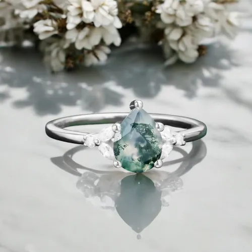 Damla Moss Agate Ve Pırlanta Evlilik Teklifi Yüzükleri MA1135