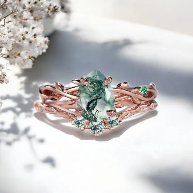 Damla Moss Agate Zümrüt Dal Yüzük 
