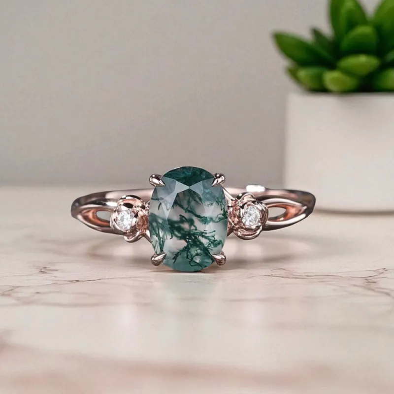 Gül Tasarım Moss Agate Ve Pırlanta Yüzük