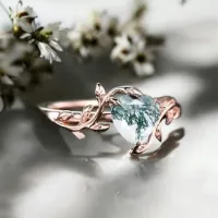 Kalp Moss Agate/Yosun Akik Yapraklı Yüzük