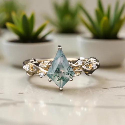 Kite Moss Agate Ve Pırlanta Yaprak Tasarım Yüzük MA1143