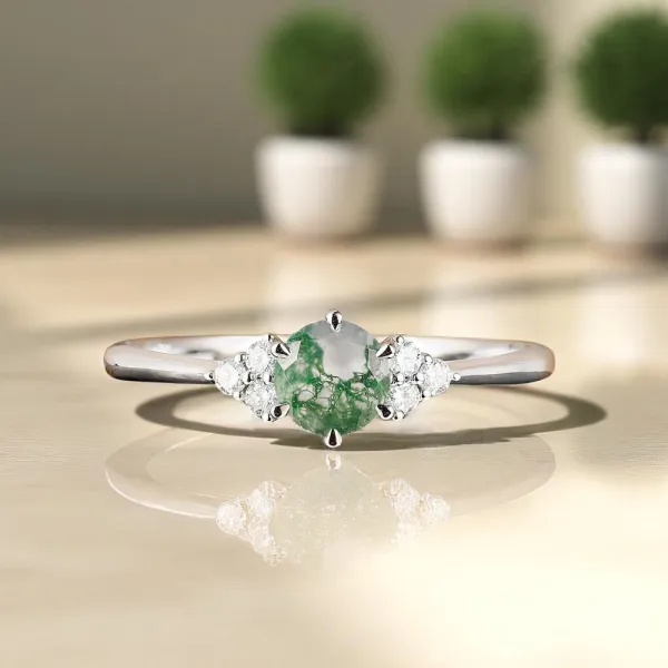 Yeşil Moss Agate Ve Pırlantalı Altın Tektaş Yüzük MA1134