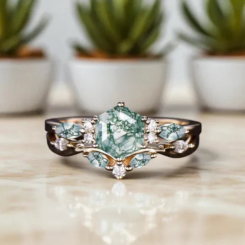 İkili Set Yüzük Moss Agate Ve Pırlanta Taşlı Altın MA1100