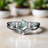 İkili Set Yüzük Moss Agate Ve Pırlanta Taşlı Altın 