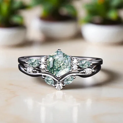 İkili Set Yüzük Moss Agate Ve Pırlanta Taşlı Altın MA1100