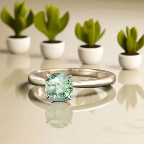 Moss Agate Taşlı Tektaş Evlilik Teklifi Yüzüğü MA1105