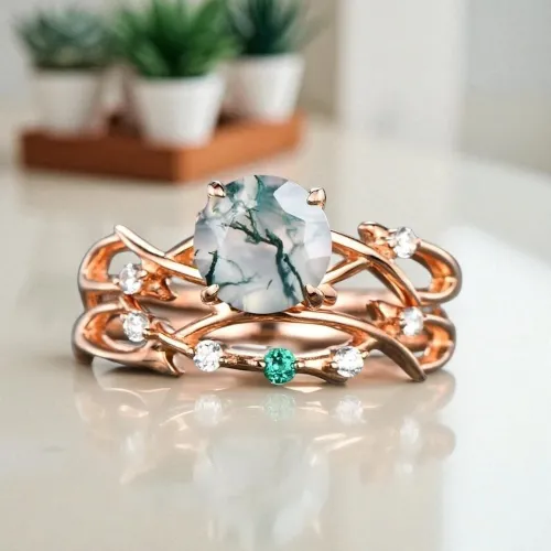 Pırlantalı Tektaş Yüzük Moss Agate/Yosun Akik MY2066