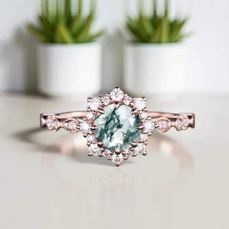 Vintage Tasarım Tektaş Yüzük Moss Agate Ve Pırlanta