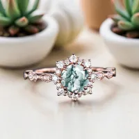 Vintage Tasarım Tektaş Yüzük Moss Agate Ve Pırlanta