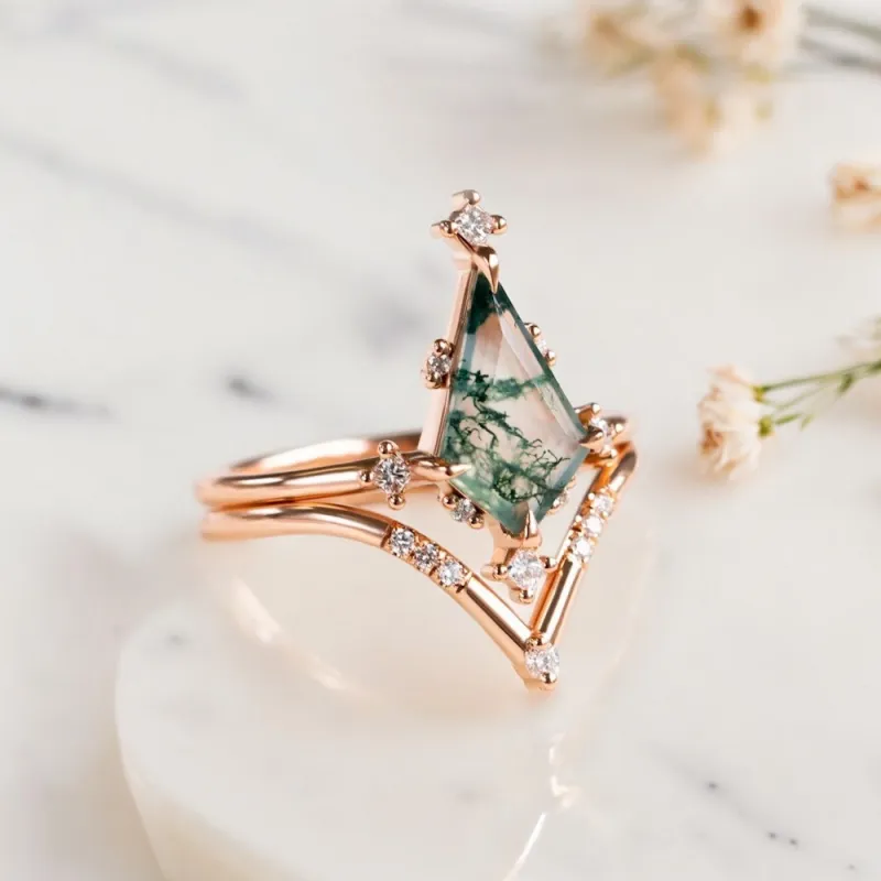 Kite Moss Agate Ve Pırlanta Vintage Yüzük 