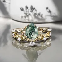 Damla Moss Agate Ve Pırlantalı İkili Set Yüzük 