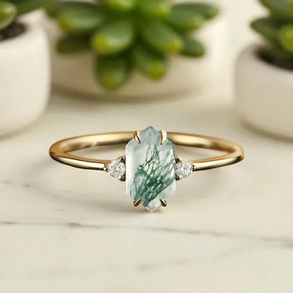 Uzun Altıgen Moss Agate Ve Pırlanta Tektaş Yüzük MA1131